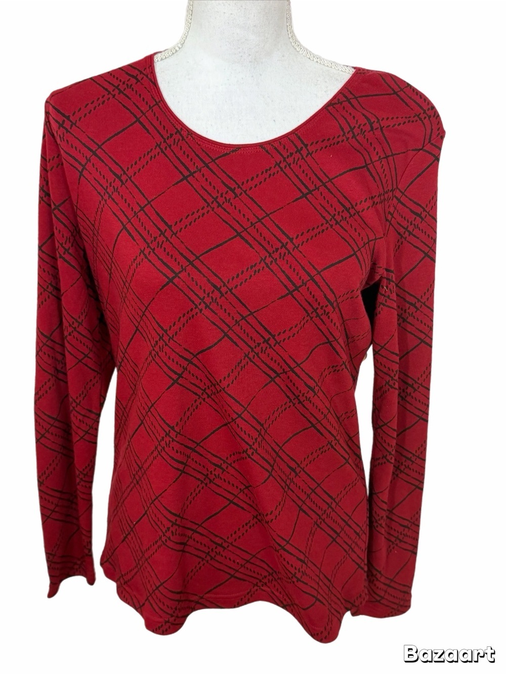 Karen Scott Size Medium Red Black Plaid Print Long Sleeve Stretch Top - Picture 2 of 6